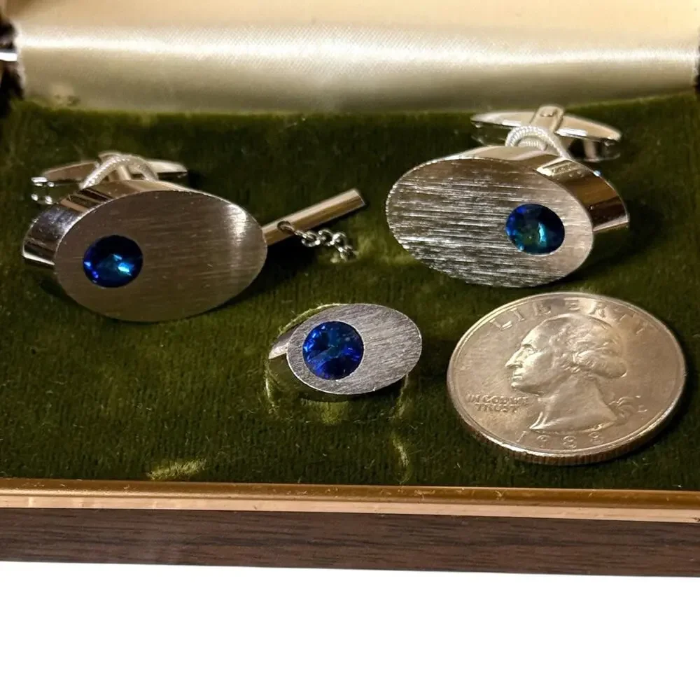 Vintage Sarah Coventry Cufflinks and Tie Pin Mens Silver Tone Blue Glass Jewel